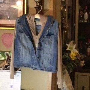Blue Denim Jacket with Tan Hoodie by Wild Flower Clothing Co